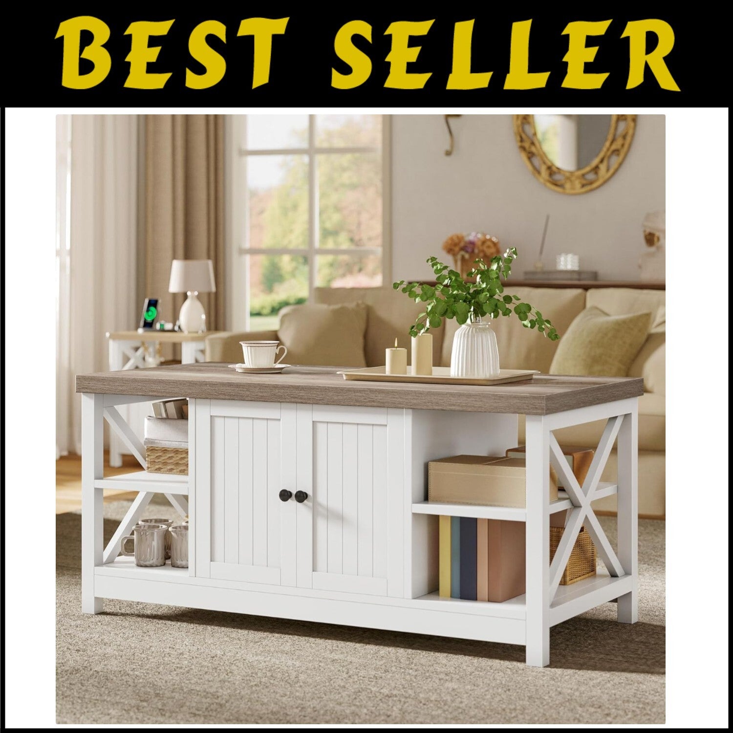 Farmhouse-Modern Coffee Table with Storage Cabinet and Easy Assembly - 39-inch