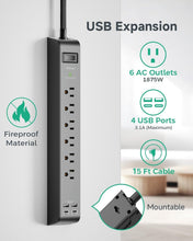 Load image into Gallery viewer, Versatile USB Charging Surge Protector Power Strip with 900 Joules Safety Rating