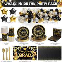 Load image into Gallery viewer, One-Stop Graduation Party Kit - 245pcs Black &amp; Gold Supplies for Easy Hosting