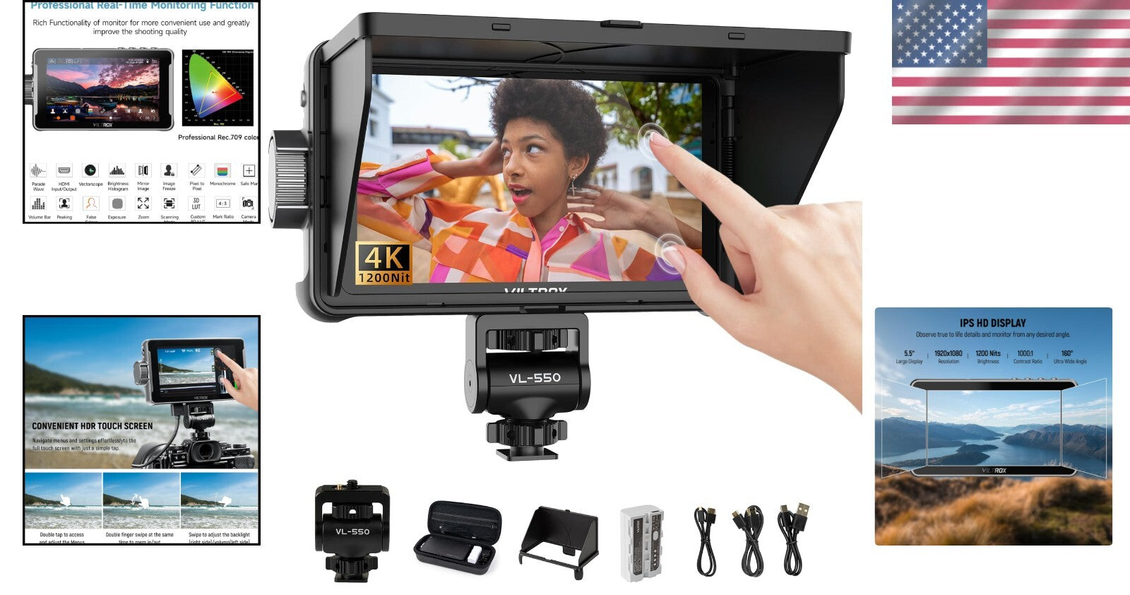 Compact 1200 Nits Camera Monitor with Sunshade & Multiple Power Supply Options