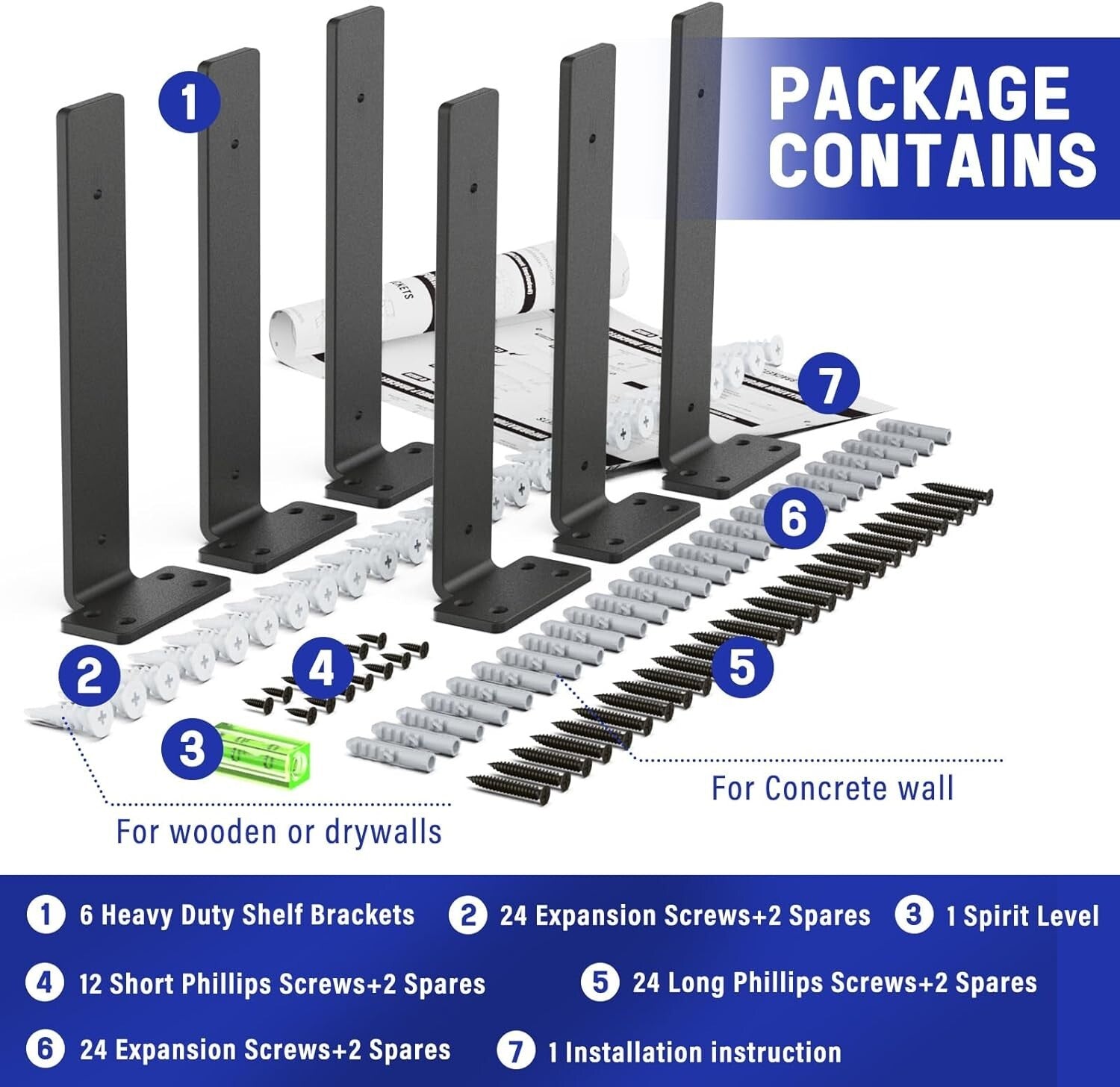 Complete Installation Set of 12-Inch Floating Shelf Brackets - Heavy Duty 6 Pack