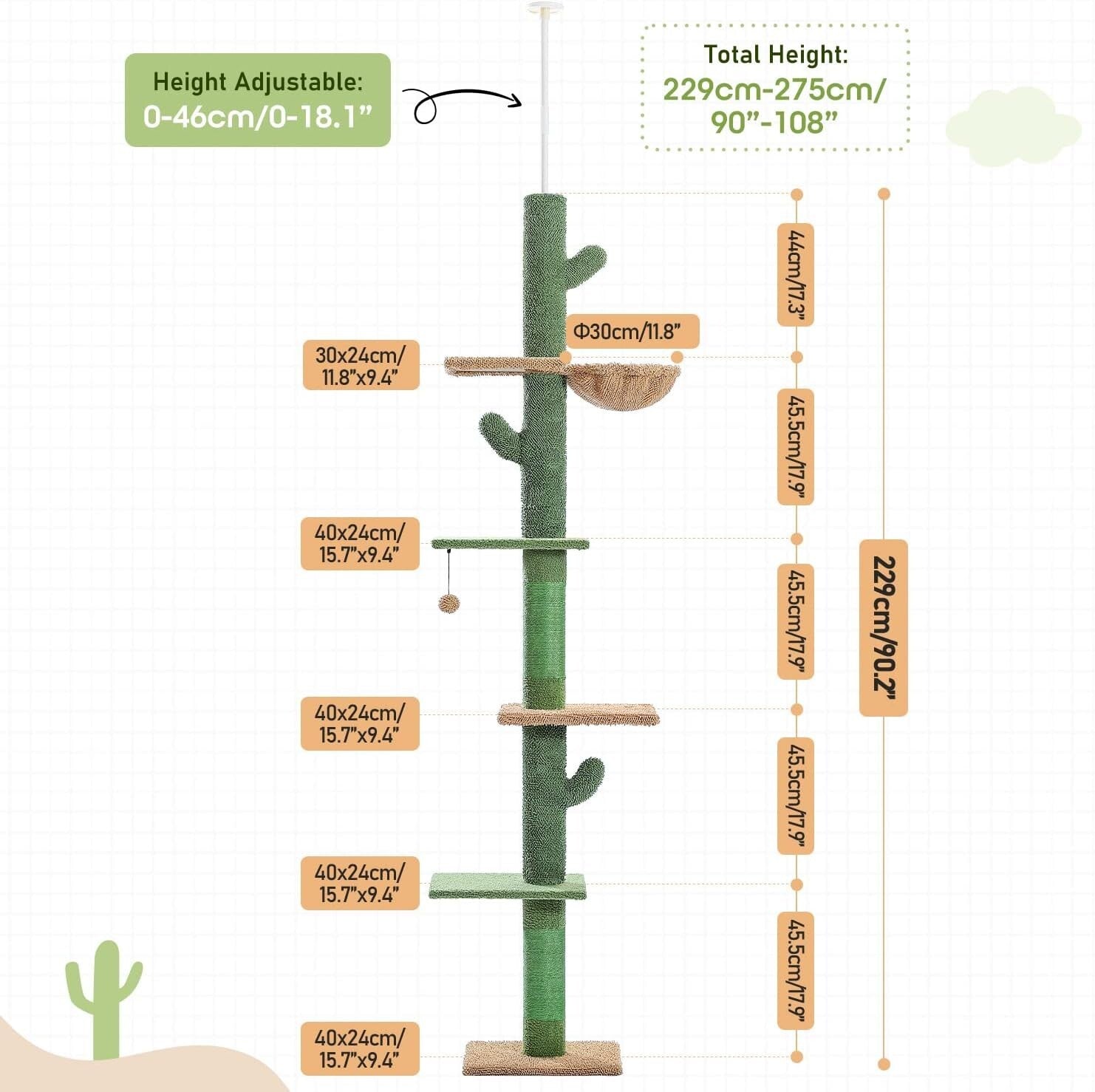 Floor to Ceiling Cat Tree - Cactus Design with Hammock & Scratching Posts