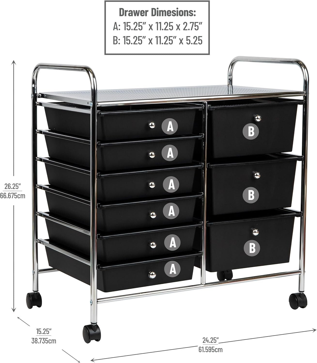 Durable Metal Utility Cart with 9 Drawers - Space-Saving Storage in Black/Silver