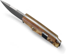 Load image into Gallery viewer, Compact 440C Fixed Blade Knife - Leather Sheath with Buckle, Unique Ram Horn