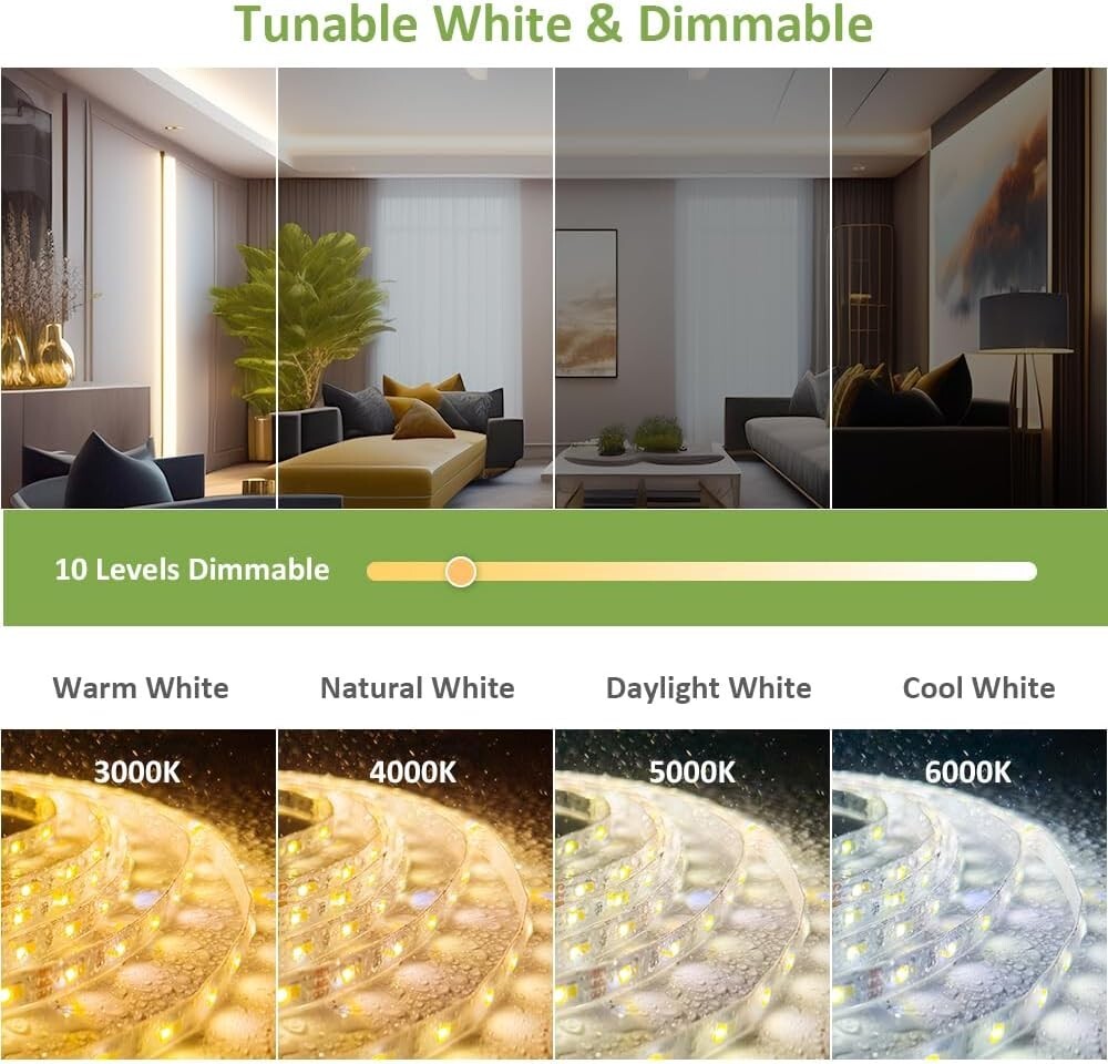 40ft Waterproof Dimmable Tunable White LED Strip Lights with RF Remote Control