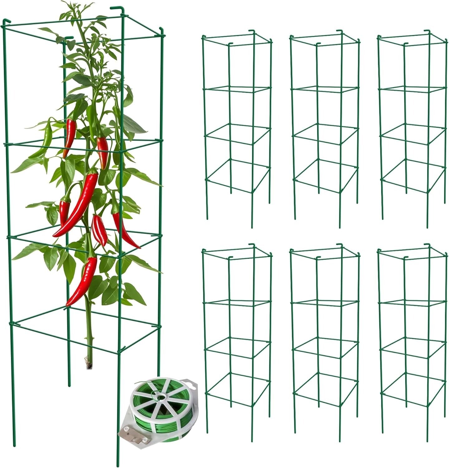 6-Pack 46-Inch Heavy-Duty Tomato Cages with Twist Ties for Climbing Plants