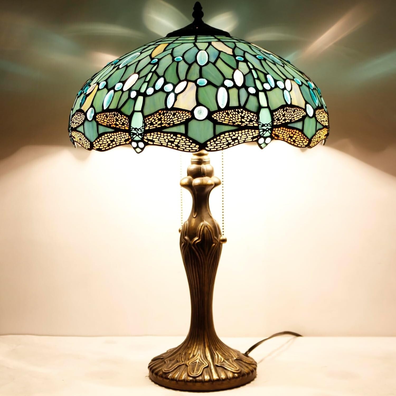 Antique Bronze Dragonfly Tiffany Lamp - Sea Blue Stained Glass Shade 16x24"