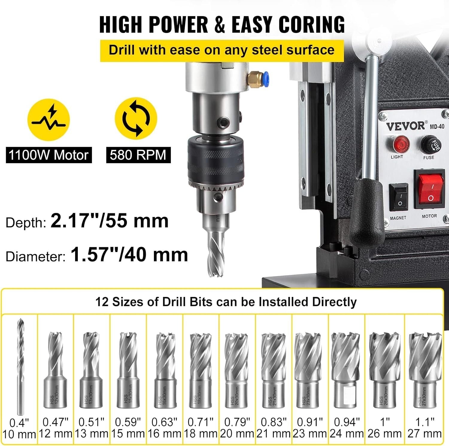 Heavy-Duty Magnetic Drill 1100W - 2697lbf Force for Home and Industrial Use