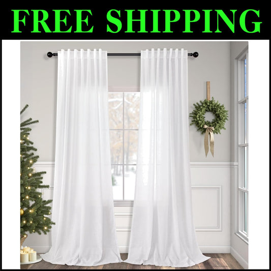 Elegant 90 Inch White Linen Curtains - Set of 2 Panels for Light Filtering Charm