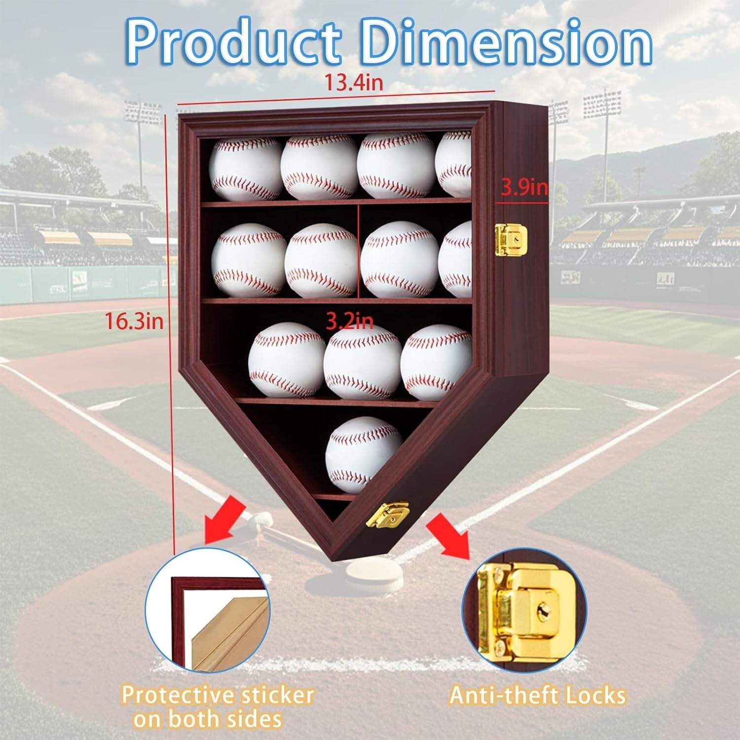 Beautifully Crafted Wall-Mounted Mahogany Case for Baseballs - UV & Shatterproof