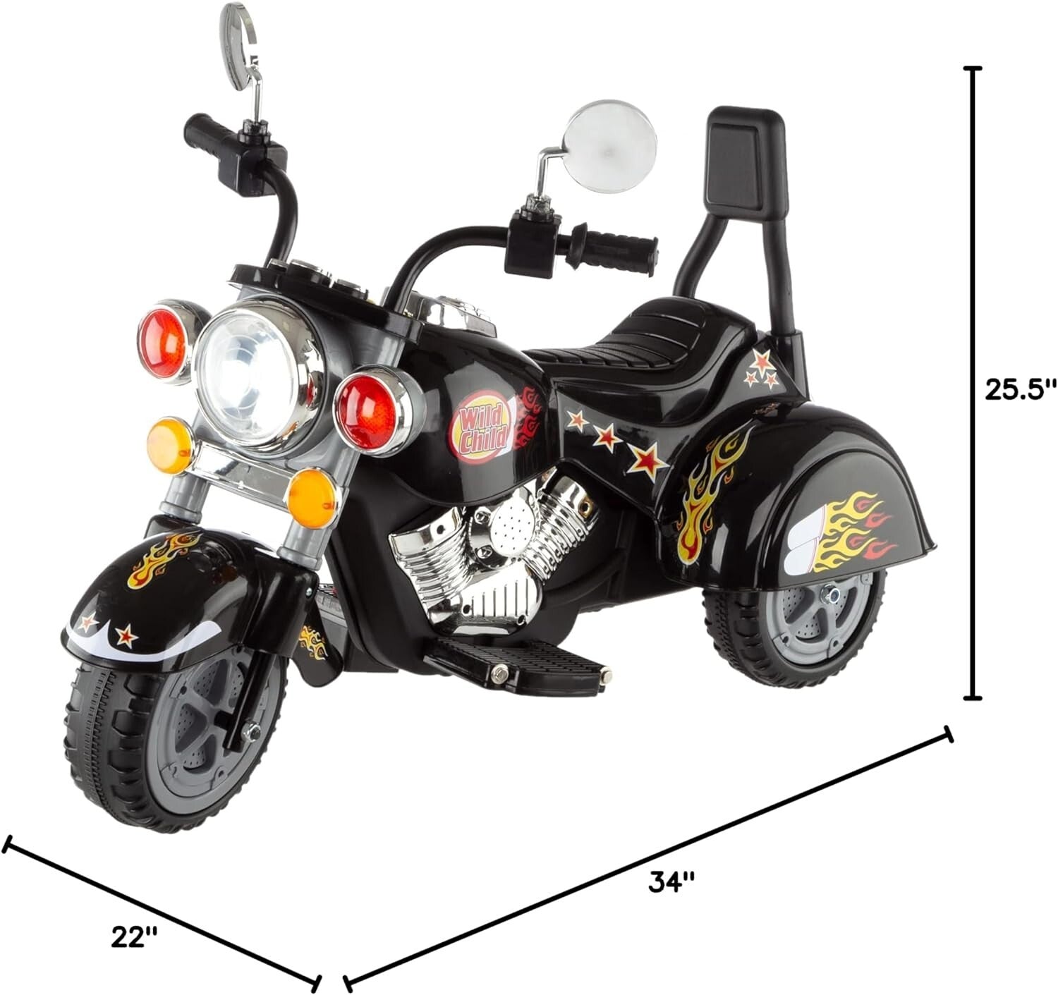 Children's Electric 3-Wheel Motorcycle with Headlights, Sounds - Black Chopper