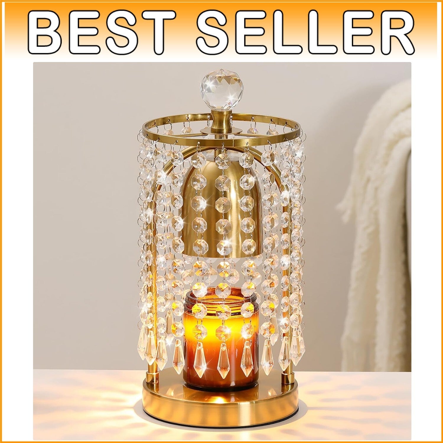 Candle Warmer with Timer & 2 Bulbs - Stylish Gold Crystal Decor for Home