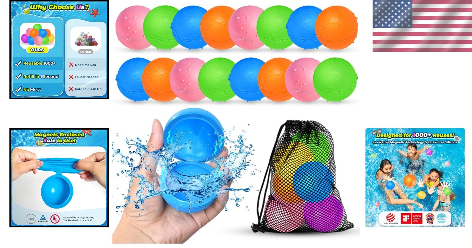 16 Pcs Reusable Water Balloons - Kids Summer Fun Toy, Quick Fill & Leak-Proof