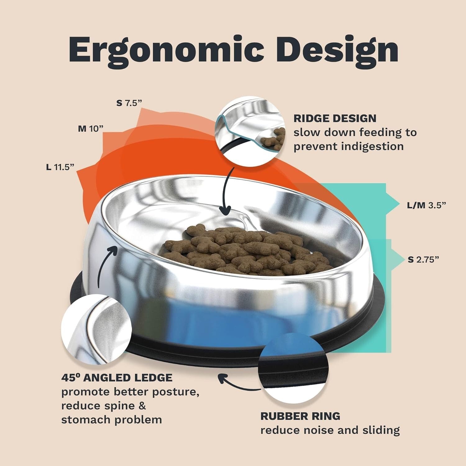 Large Slanted Pet Bowl with Raised Ridge - Stainless Steel and No Spill Design