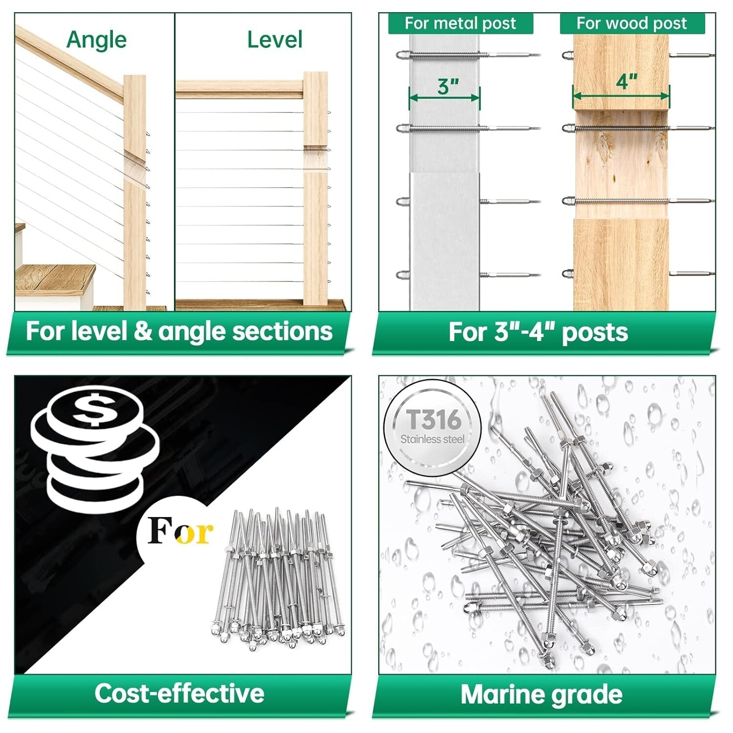 60 Pack T316 Stainless Steel Cable Railing Hardware - Hand Swage Tensioner Kit