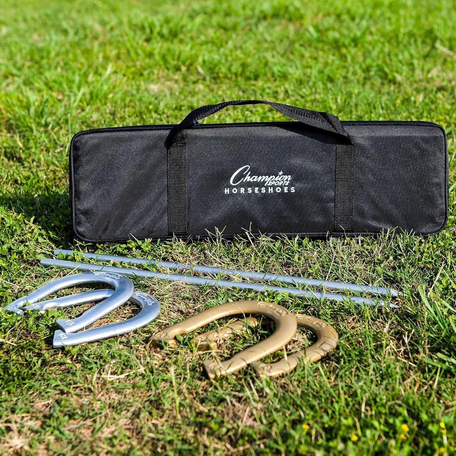 Classic Horseshoe Game Set: Four Steel Shoes and Stakes in Weather-Resistant Bag