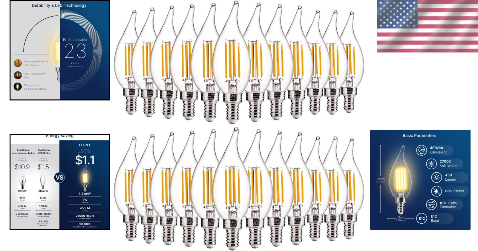 Elegant 24 Pack Dimmable E12 LED Chandelier Bulbs - 40W Incandescent Equivalent