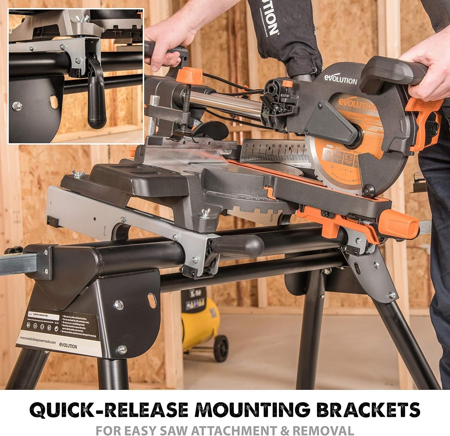 Compact Folding Miter Saw Stand with Universal Mounting & Quick Release Brackets