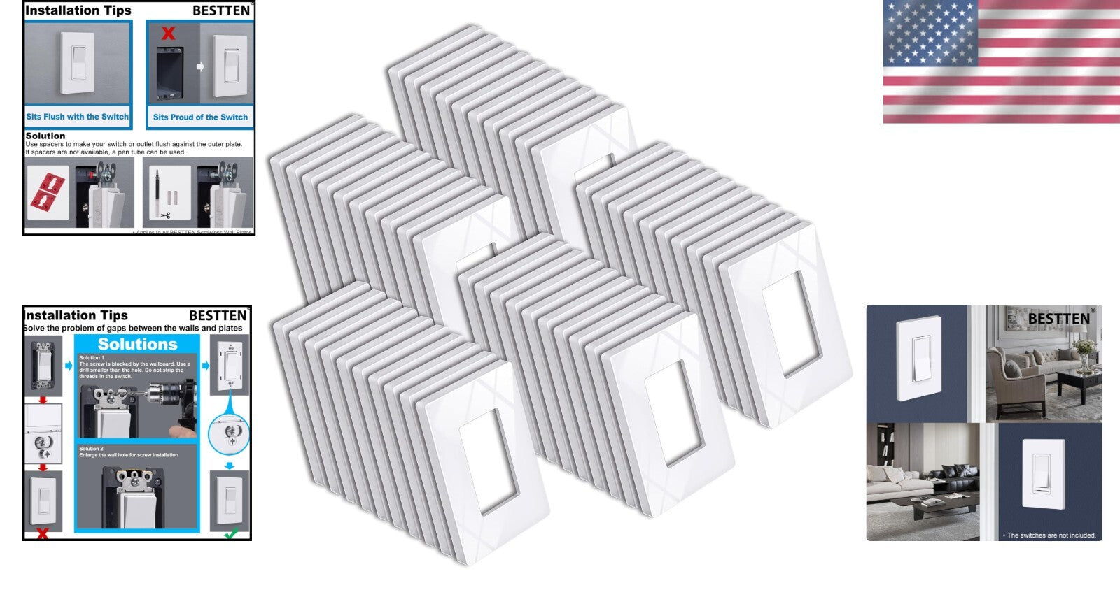 Ultra-Safe 1 Gang Screwless Wall Plates - 50 Gloss Snow White Covers, Easy Clean