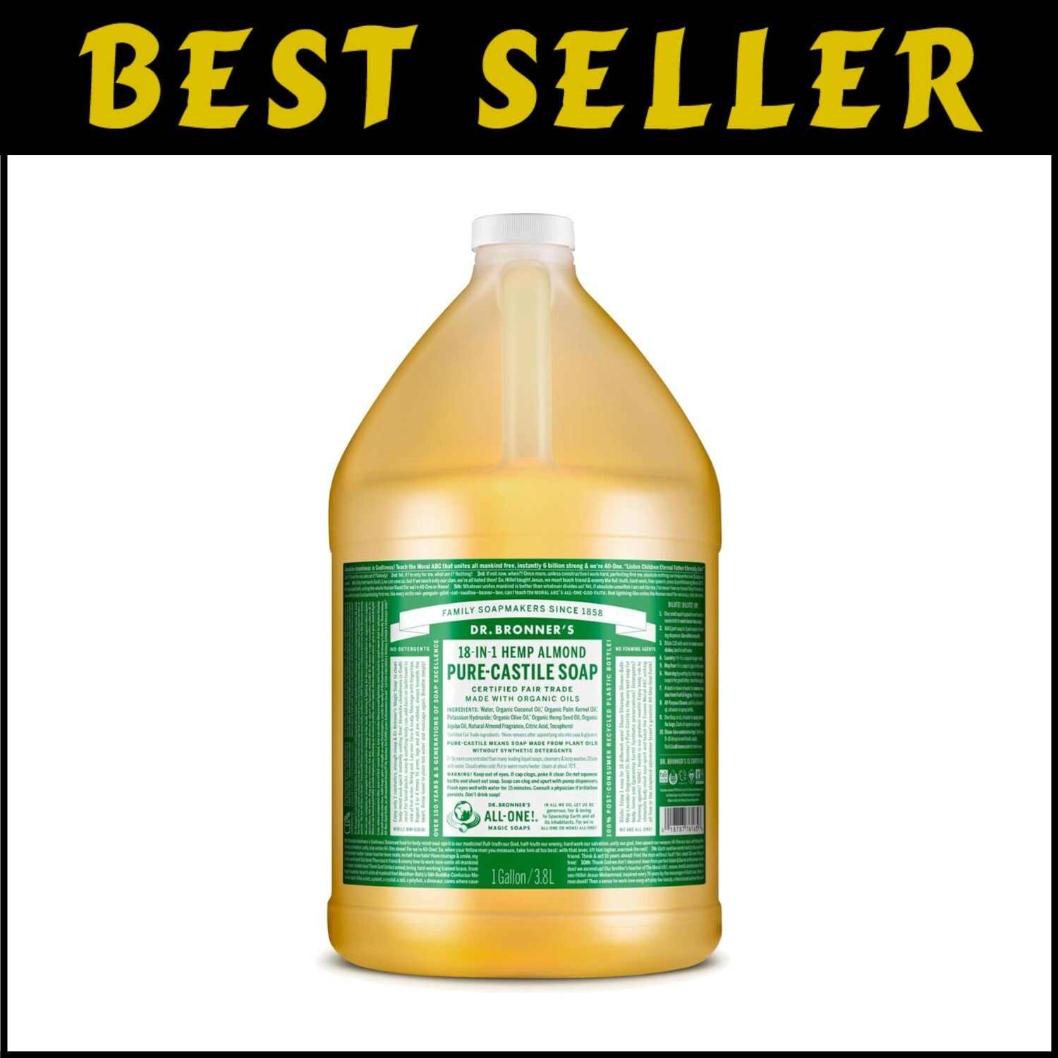 Concentrated Almond Liquid Soap - 1 Gallon of Organic, Vegan, Multi-Use Cleaner