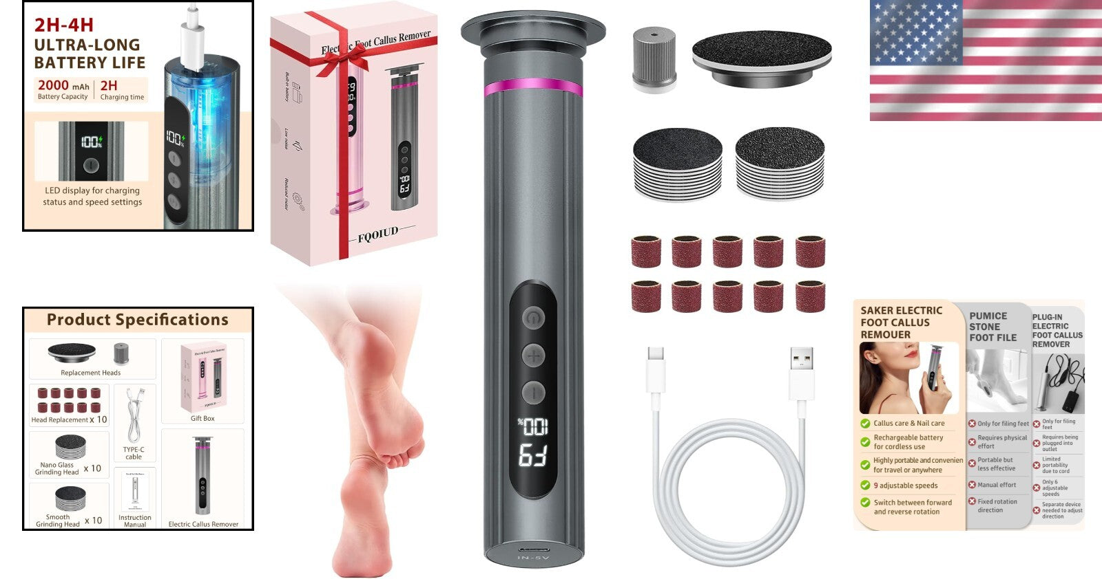 Luxurious 2-in-1 Electric Foot File with Replaceable Sandpaper - Durable Design