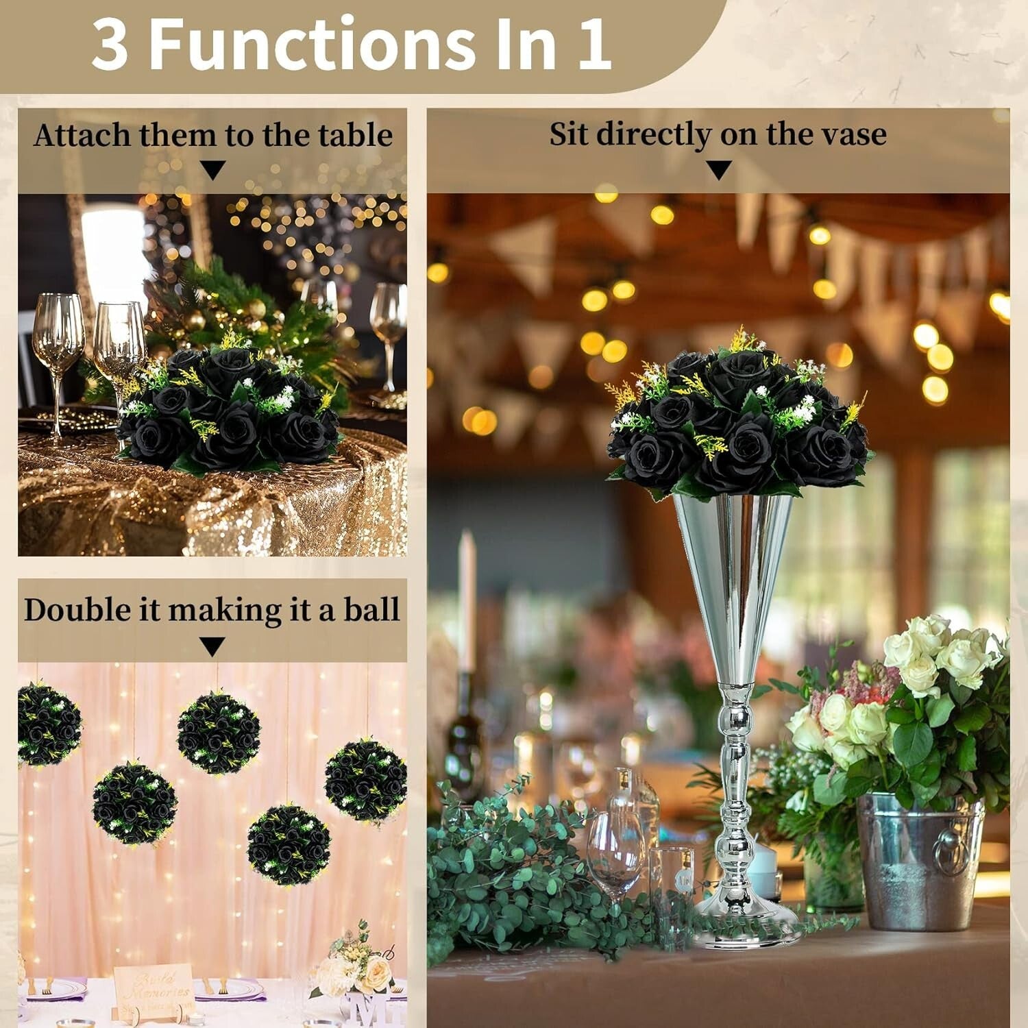 10 Realistic Black Silk Roses in Decorative Box - Perfect for Weddings & Parties