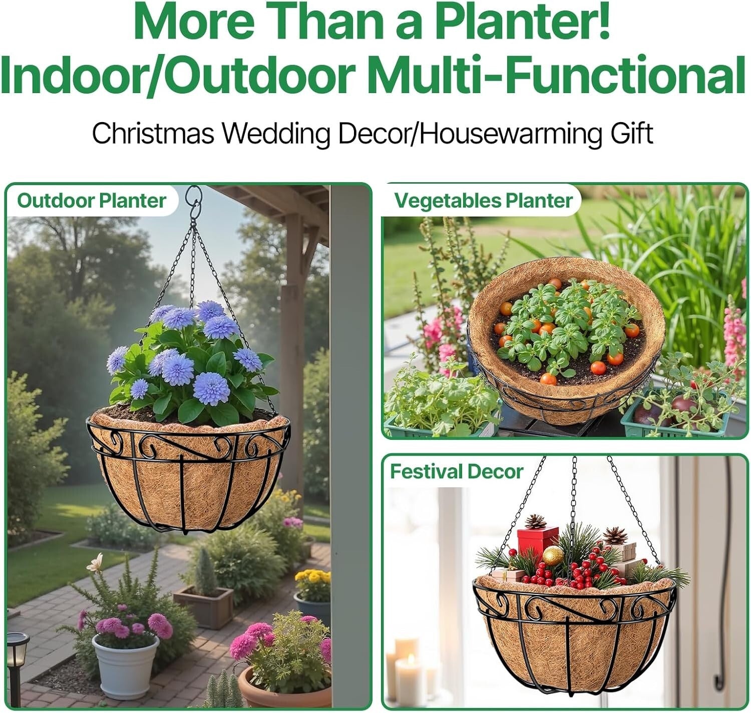 Elegant 4-Pack 14-Inch Metal Baskets with Coco Liners for Outdoor Decoration