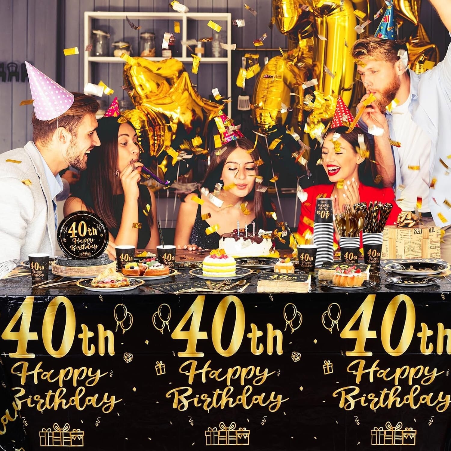 452 Pcs Black and Gold 40th Birthday Party Supplies - Classy Disposable Set