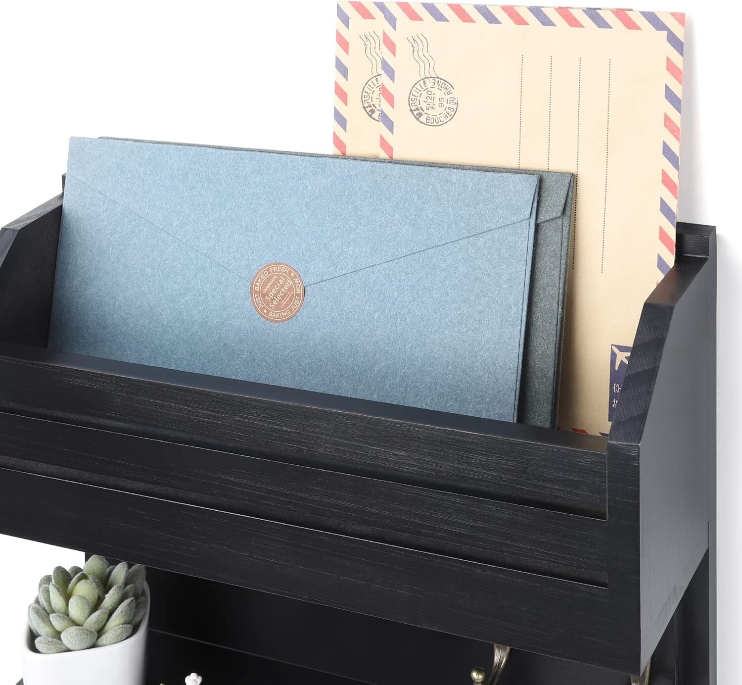 Versatile Wall-Mounted Key and Mail Organizer with Double Hooks - Rustic Charm