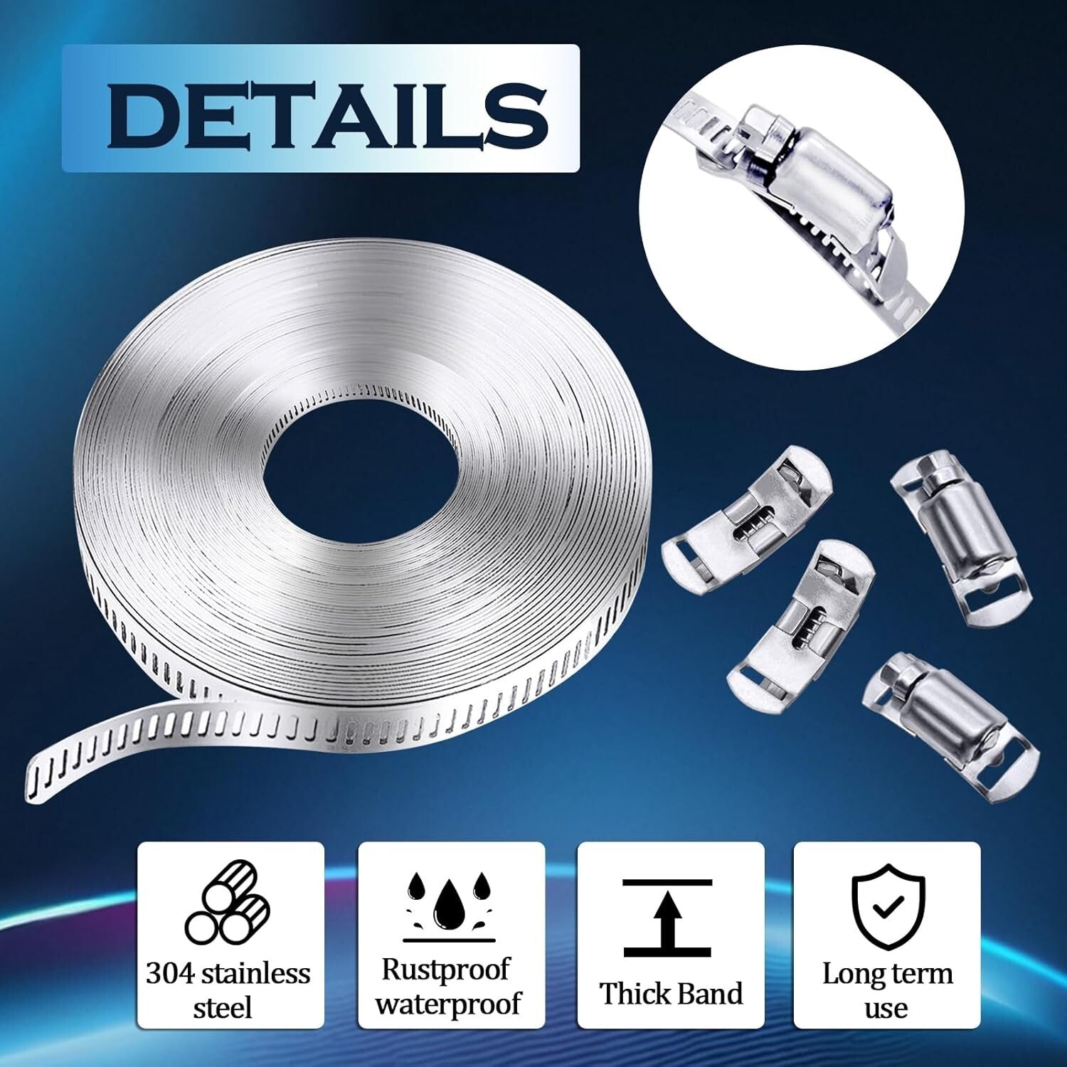 304 Stainless Steel Hose Clamp Kit - 50FT Adjustable Strap & 24 Strong Fasteners