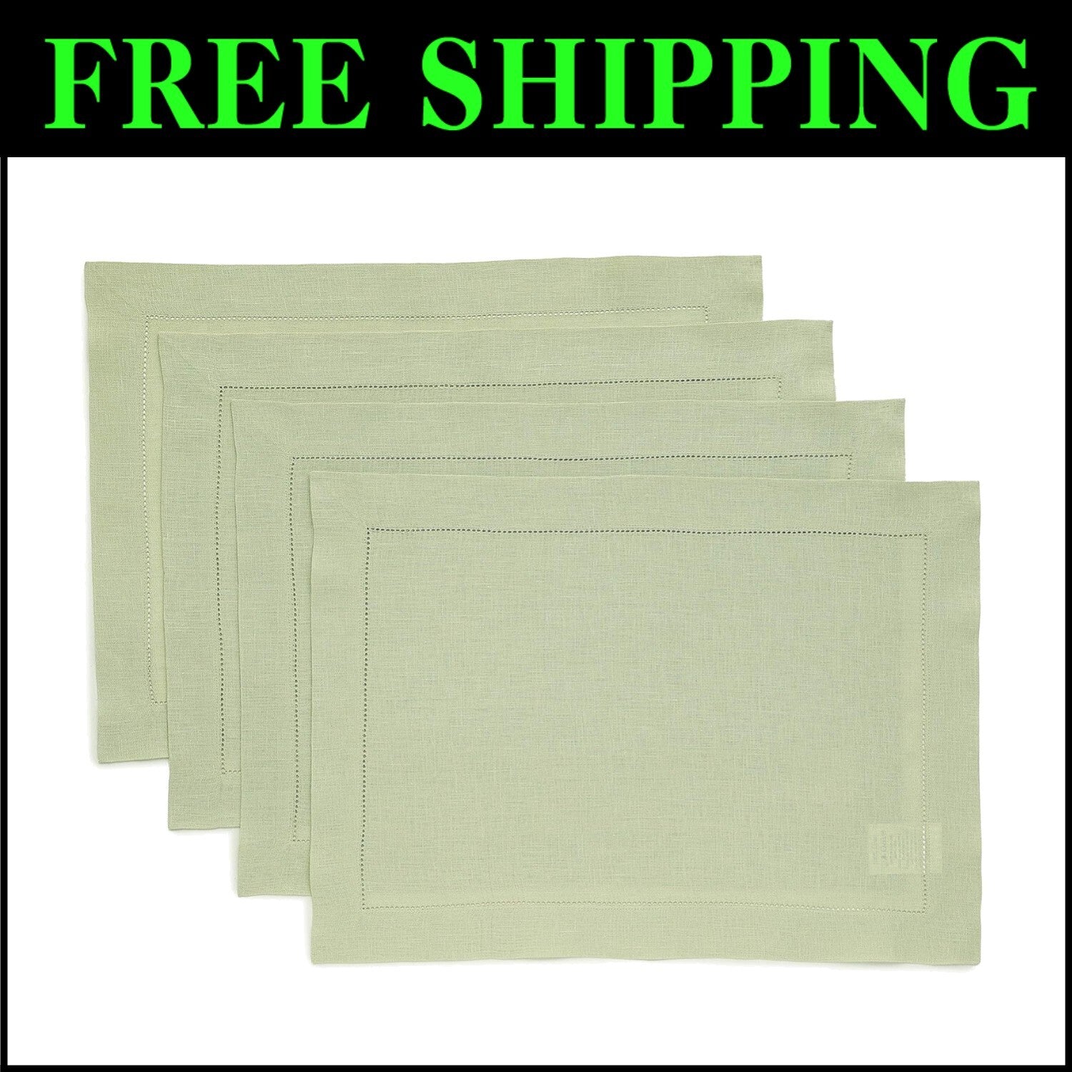 100% Pure Linen Placemats - Classic Hemstitch Sage Green, Machine Washable