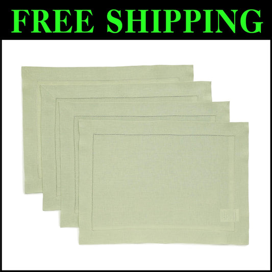 100% Pure Linen Placemats - Classic Hemstitch Sage Green, Machine Washable