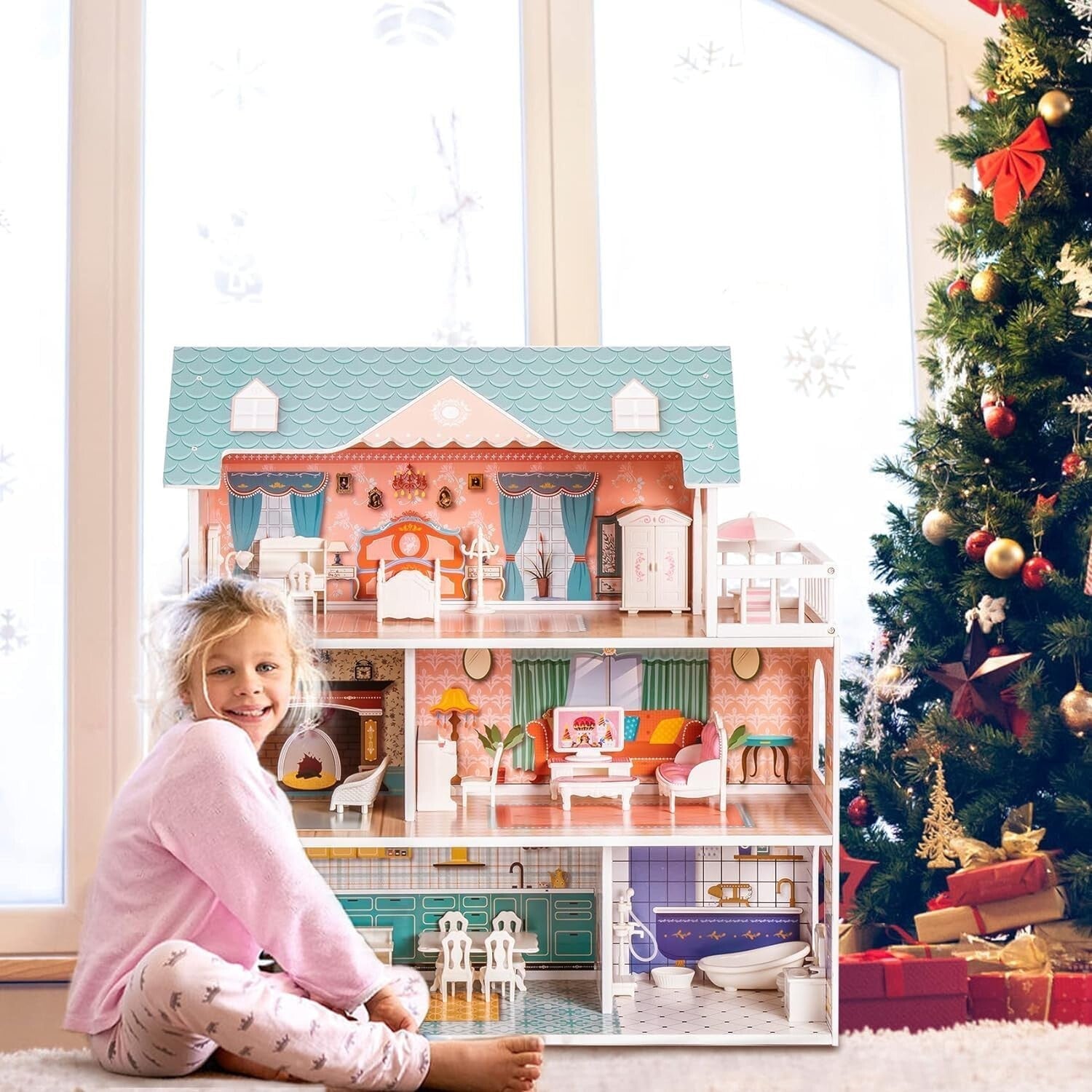 Enchanting 3-Story Wooden Dollhouse with Furniture - Perfect Gift for Girls 3-6