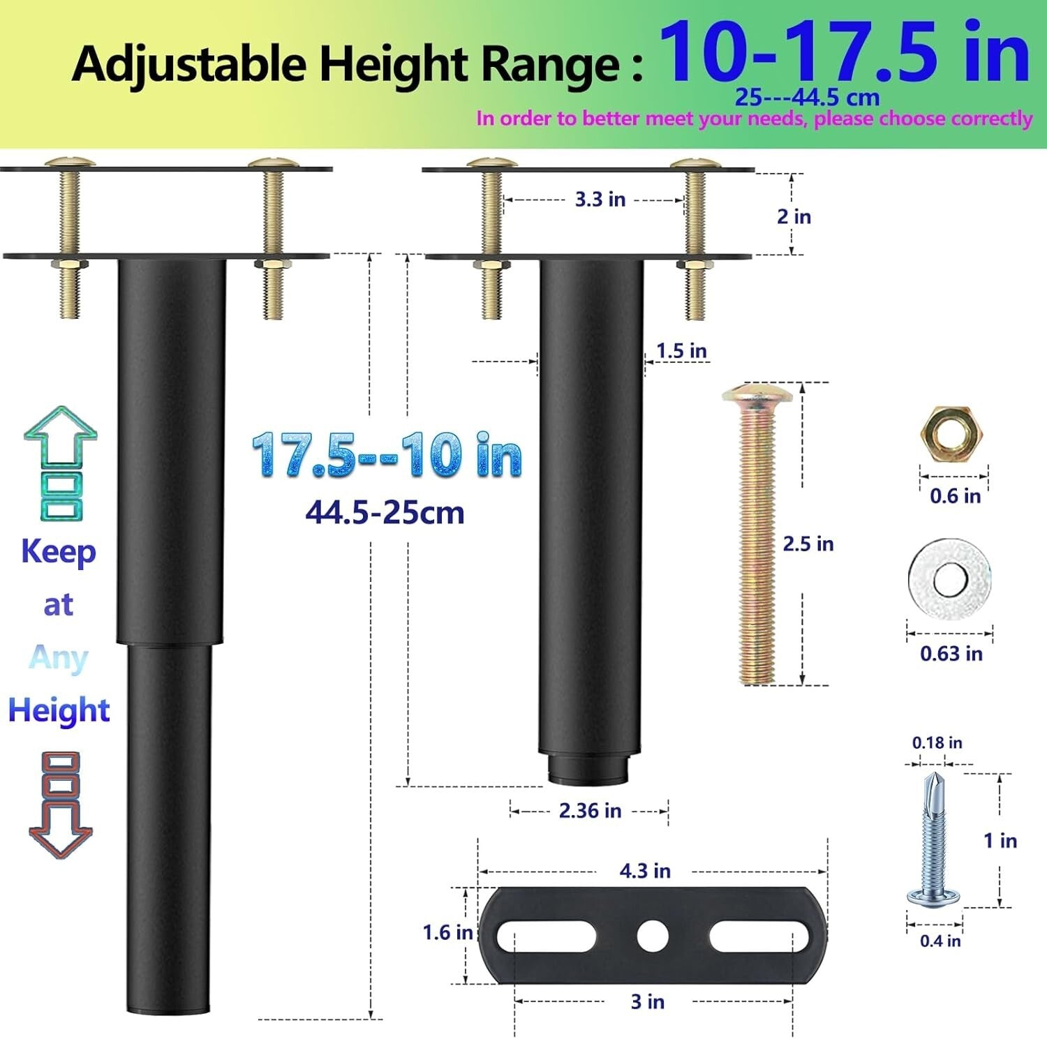 4PC Adjustable Bed Frame Support Legs - Universal Stabilizer 10-17.5" Height