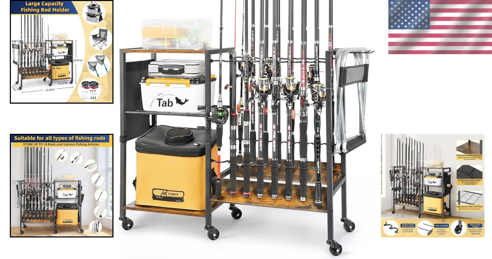 Professional Fishing Gear Storage on Wheels - 16 Rod Holder with Rubber Support