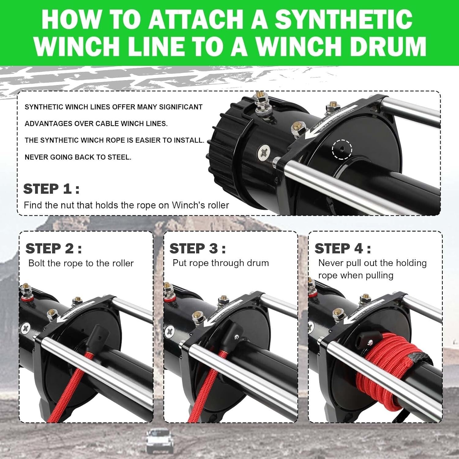 1/2" x 85 ft Synthetic Winch Line Kit - 32000lbs with Soft Shackles & Hook