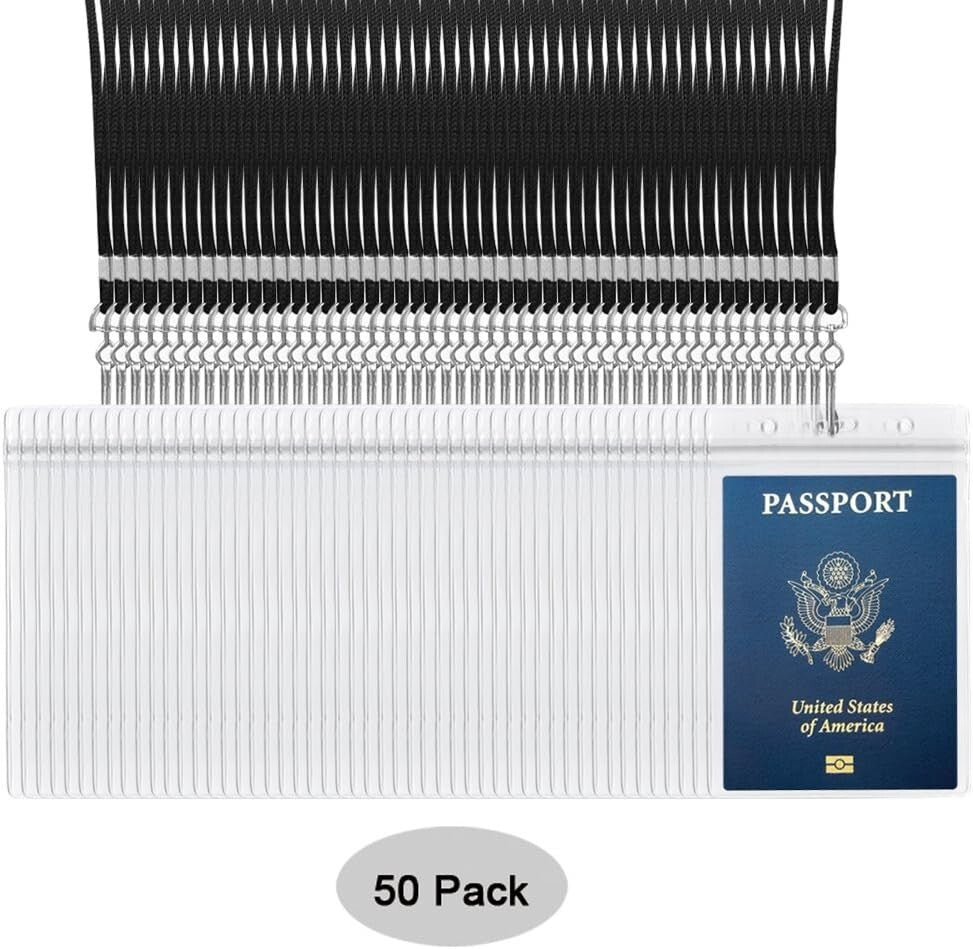 Durable Clear PVC 50-Pack Passport and ID Holders with Black Lanyards Included