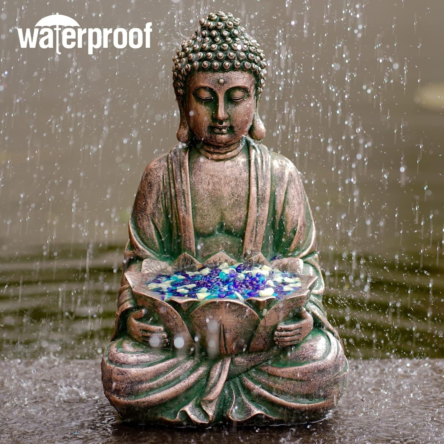 Meditating Buddha Sculpture - Indoor/Outdoor 12" Garden Decor with Glass Stones