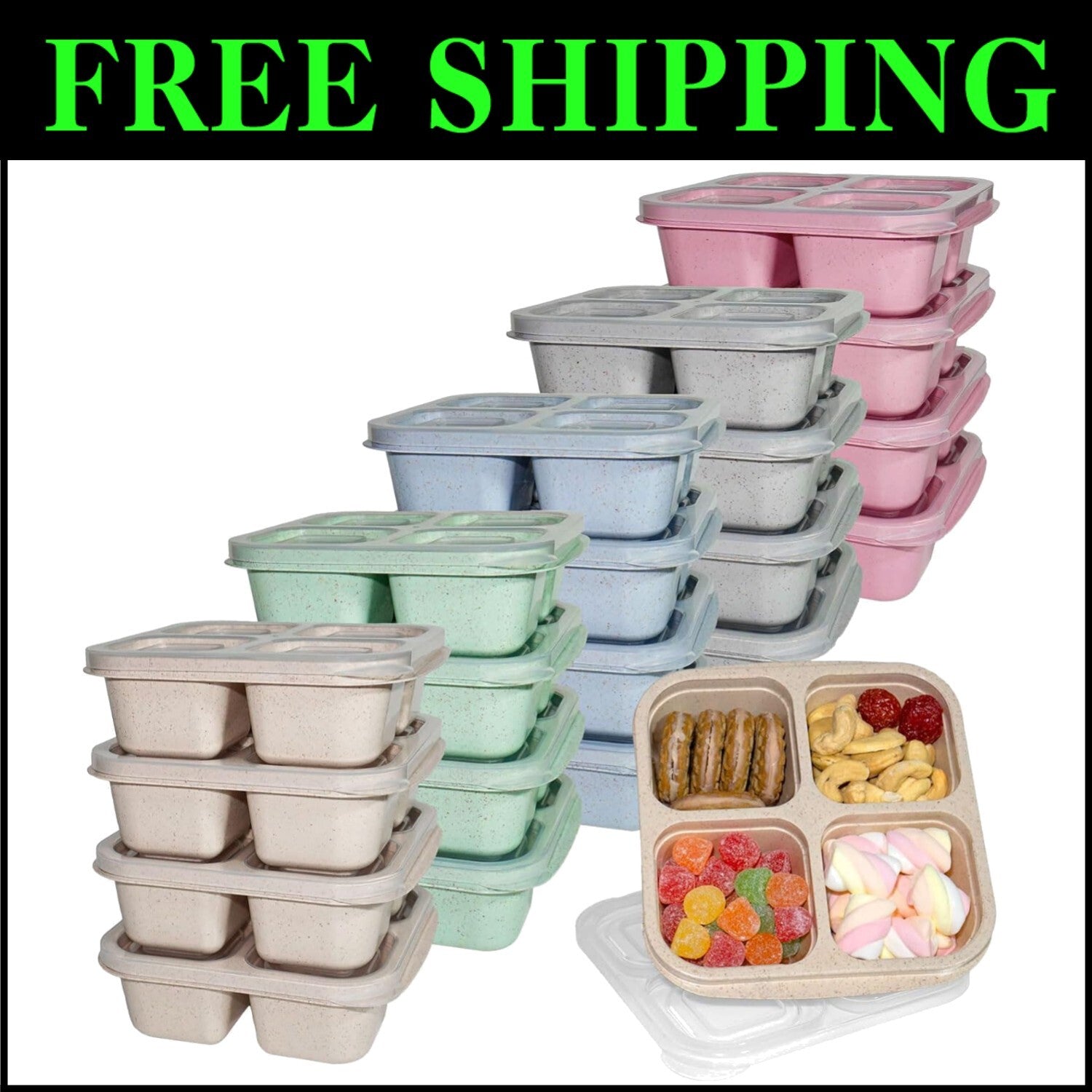 20 Pack BPA Free 4-Compartment Snack Containers - Microwave & Dishwasher Safe