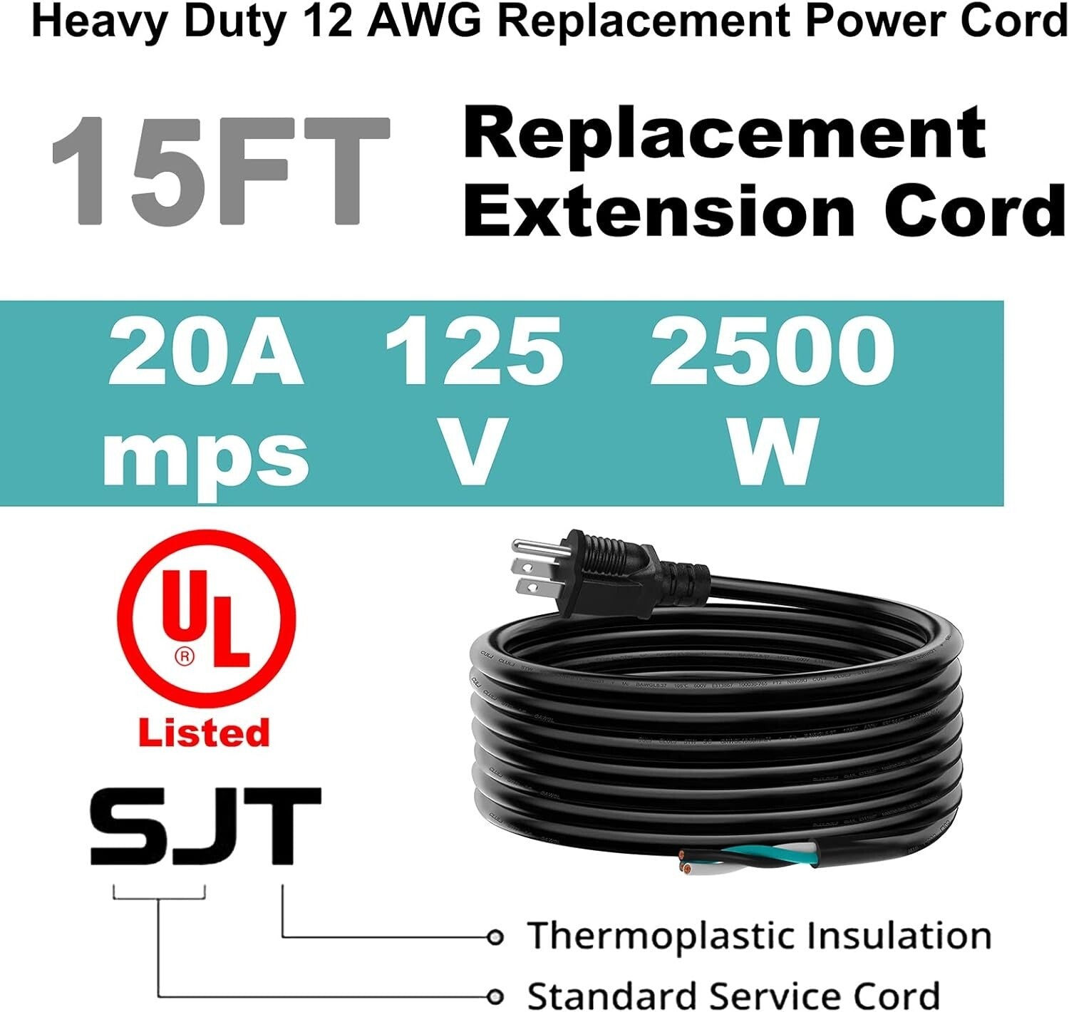 Versatile 15 FT 20 Amp Replacement Power Cord - Ideal for DIY and Appliance Use