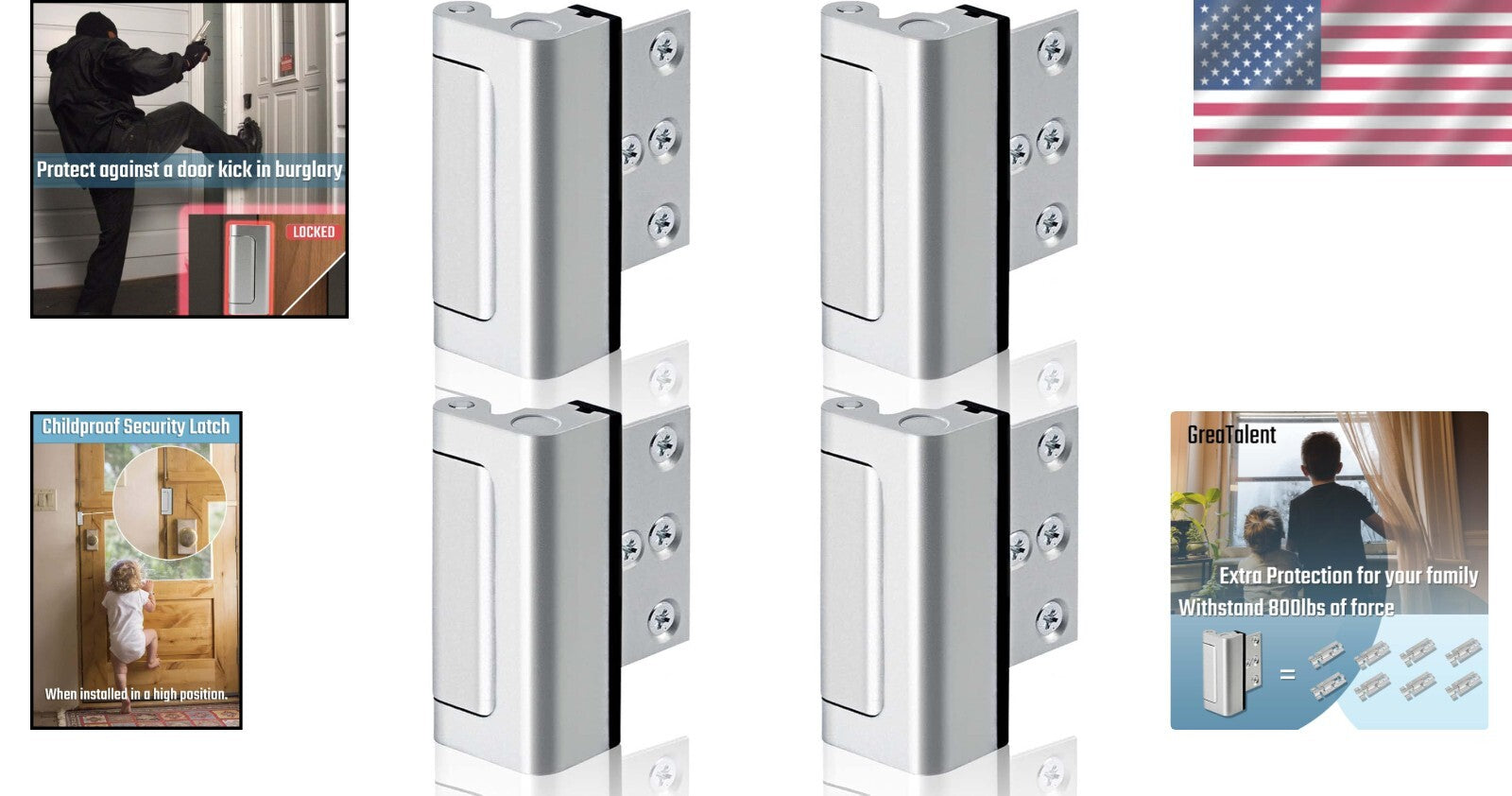 4-Pack Childproof Door Reinforcement Locks - High Security Aluminum Finish