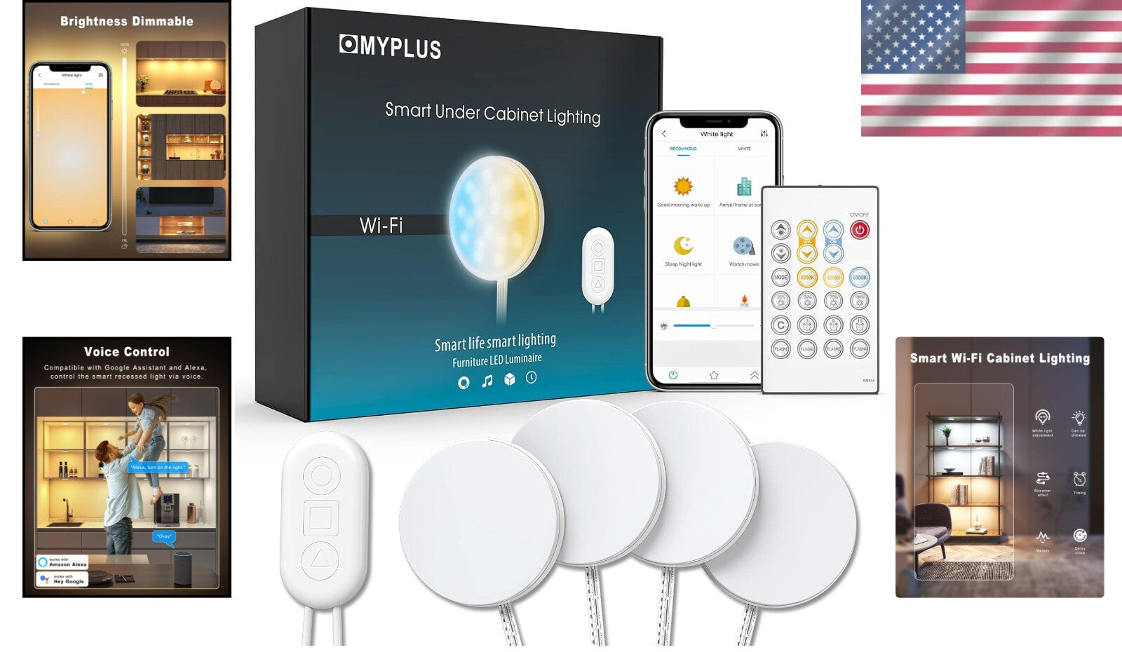 4-Pack Under Cabinet Smart Puck Lights - Adjustable Colors & Remote Control