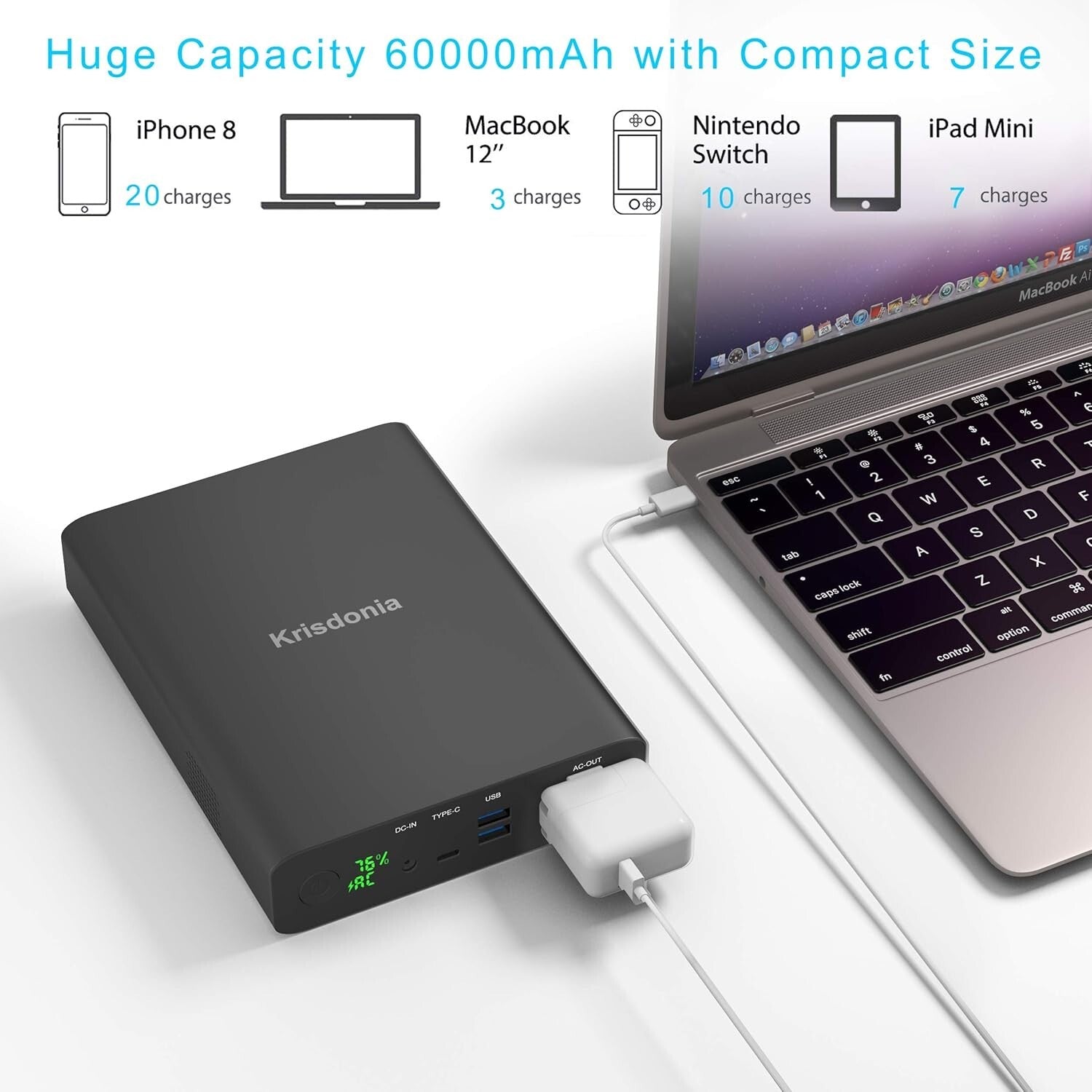 Sleek Portable Charger 60000mAh, 130W AC Outlet & LED Display - Ideal for Travel