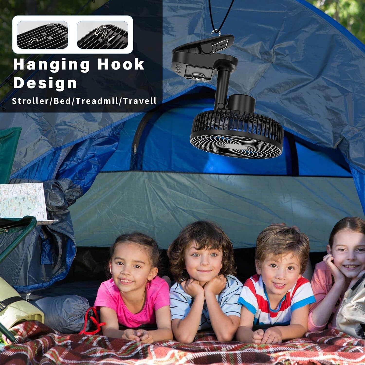 4-in-1 USB Rechargeable Fan - 8-Inch Clip, 10000mAh, 5 Speeds, 45°/90° Rotation