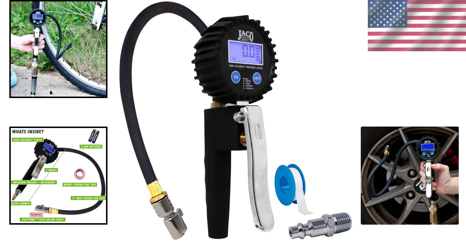 Portable JACO FlowPro 2.0 Tire Inflator with 360° Swivel Gauge - 200 PSI Power