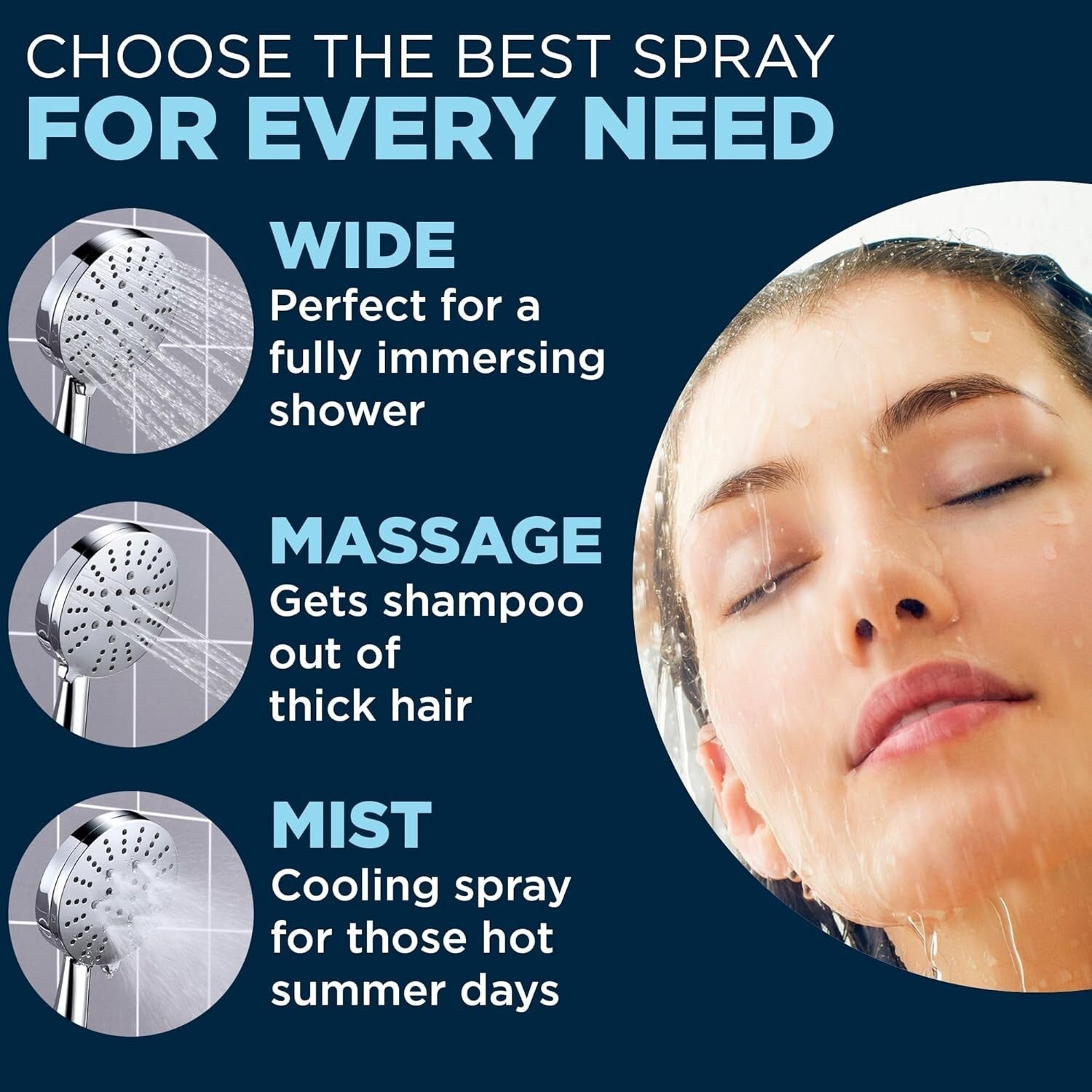 Extra Long 108-Inch Hose Handheld Shower Head - 3 Settings with Shutoff Valve