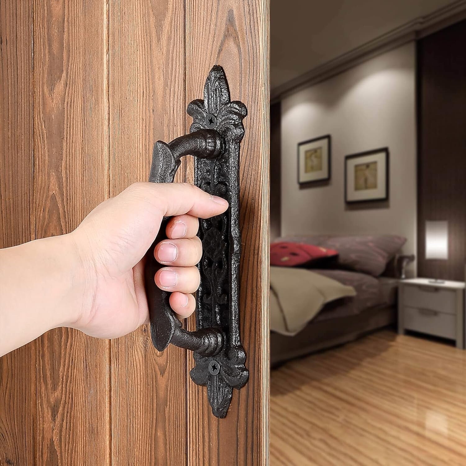 4 Packs Heavy Duty Rustic Barn Door Handles - 8.9" Dark Brown Cast Iron