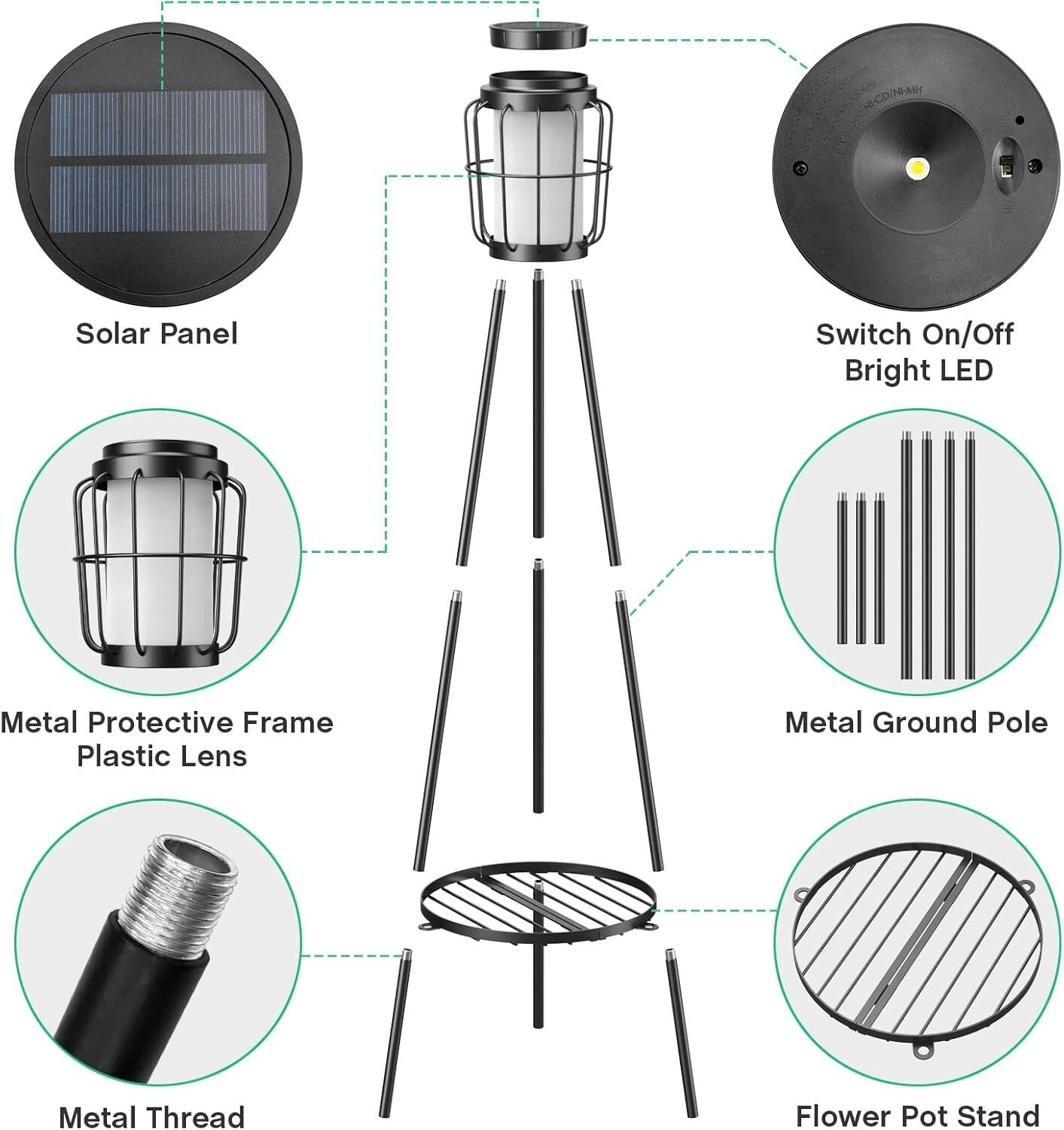 Art Deco Waterproof Solar Floor Lamps - 2 Pack with Touch Control & Metal Base