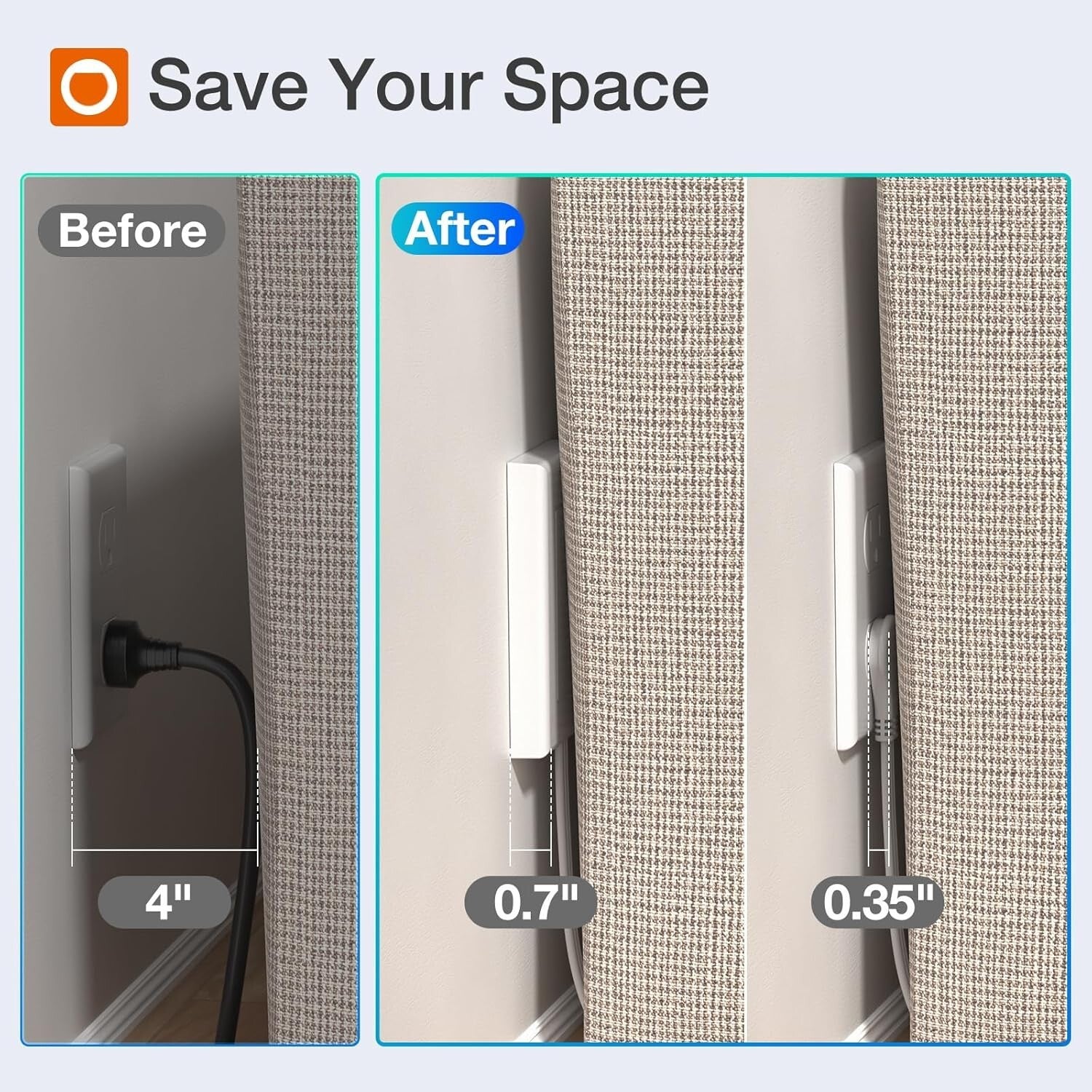 Space-Saving 6FT Power Strip with 3 Outlets, 2 USB Ports, & Safety Clips - 2Pack