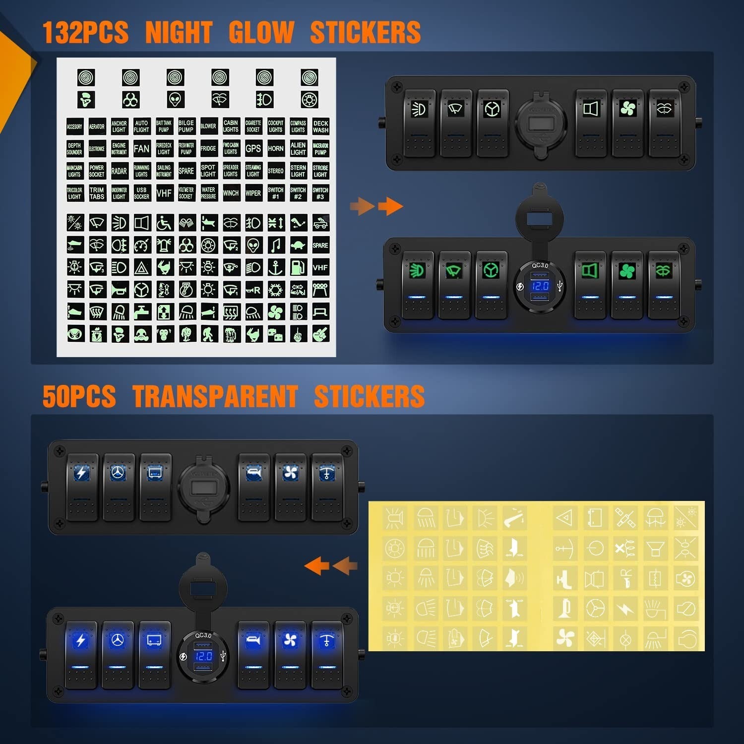 All-in-One 6 Gang SPST Rocker Switch Box with Dual USB & Integrated Voltmeter